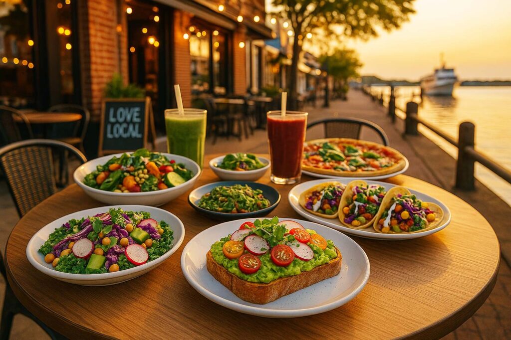 Love Local Long Island | The Best Long Island Restaurants & Towns for Plant-Based Dining in 2025 Outdoor table at sunset featuring vibrant plant-based dishes including avocado toast, veggie tacos, colorful salads, smoothies, and pizza, set along a Long Island waterfront restaurant with string lights and a ‘Love Local’ sign in the background.