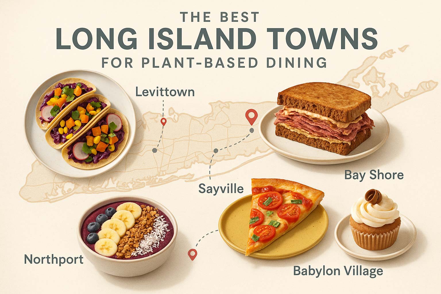 Infographic titled ‘The Best Long Island Towns for Plant-Based Dining,’ featuring vegan dishes representing towns: tacos for Levittown, plant-based sandwich for Bay Shore, acai bowl for Northport, vegan pizza slice for Sayville, and cupcake for Babylon Village, shown on a Long Island map background.”